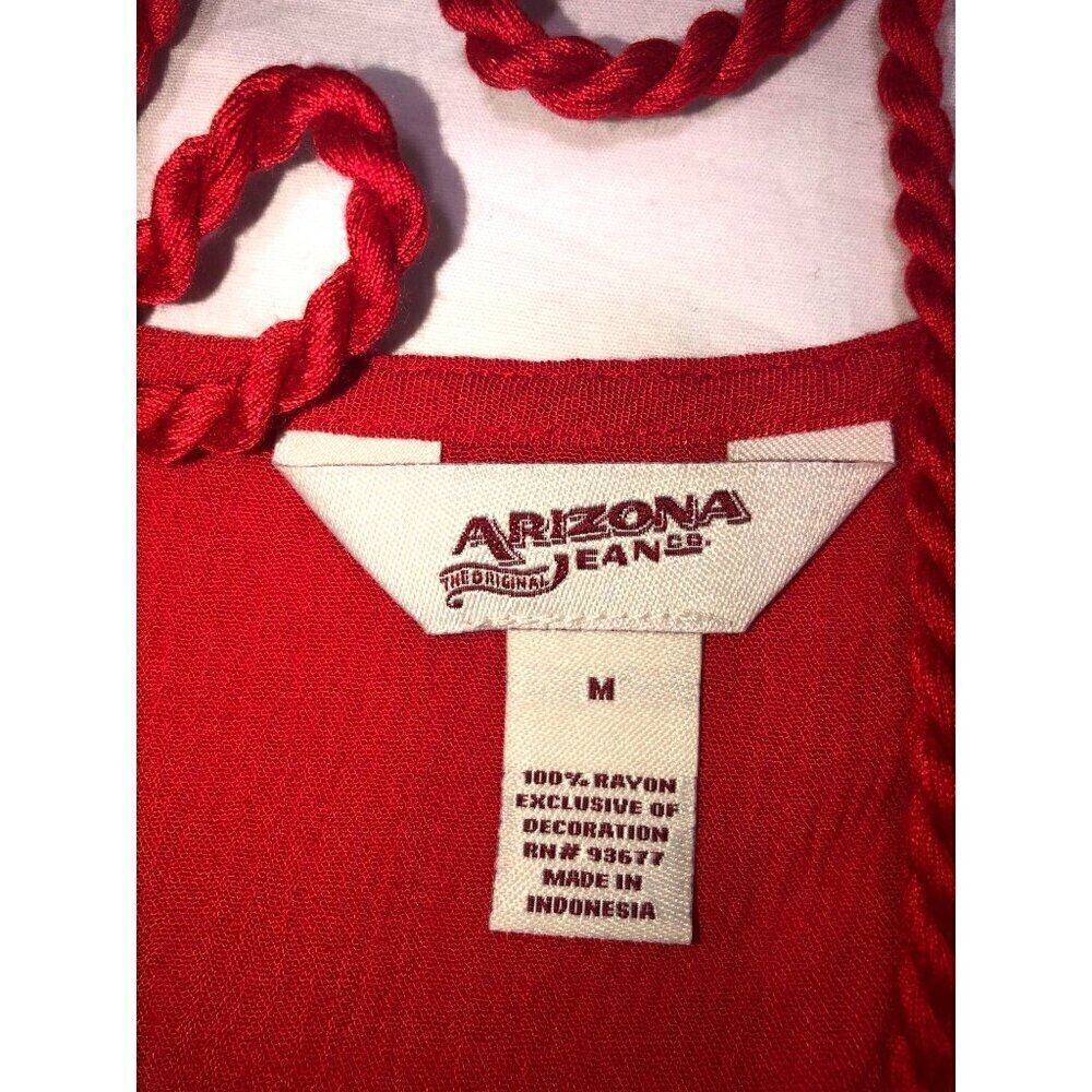 Arizona Jeans Embroidered Top Size M Red Sleeveless Ties Tassels Gauze Boho - Picture 3 of 9